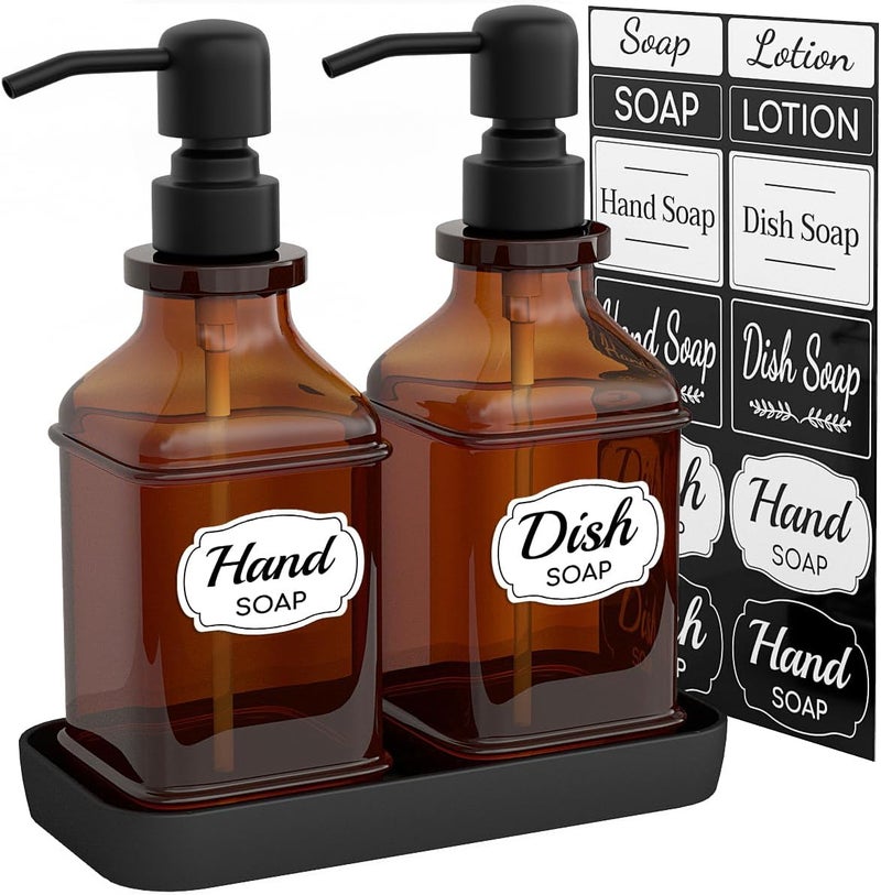 LMQML Soap Dispenser - 2 Pack, Antique Design Thick Amber Glass Hand Soap Dispensers with Sturdy Tray; 304 Rust Proof Stainless Steel Black Pump, 12Pcs Stickers, for Kitchen, Bathroom- Black - Image 1
